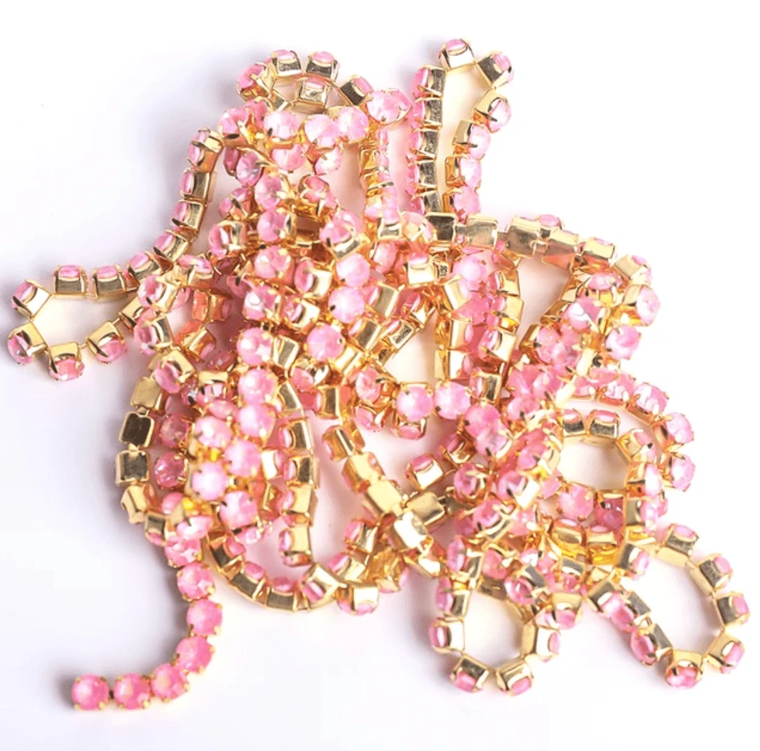 Ss6 Neon Baby Pink AB Opal Stone on Gold Metal Rhinestone Chain (Sold in 36") SS6 Metal Rhinestone Chain
