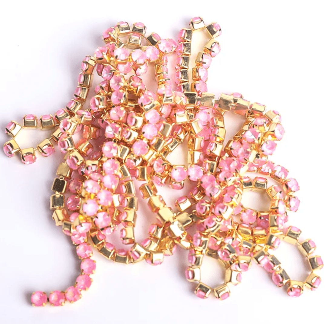 Ss6 Neon Baby Pink AB Opal Stone on Gold Metal Rhinestone Chain (Sold in 36") SS6 Metal Rhinestone Chain