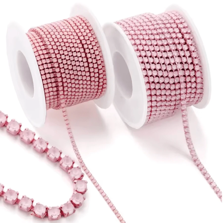 Ss6 Neon Baby Pink Opal Stone on Pink Coloured Metal Rhinestone Chain (Sold in 36") SS6 Metal Rhinestone Chain