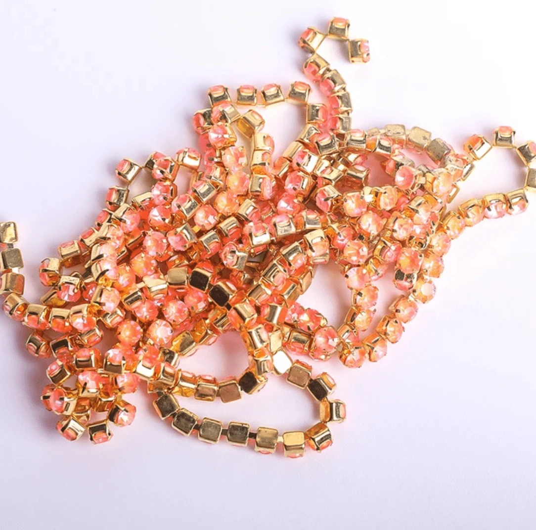 Ss6 Neon Coral Orange AB Opal Stone on Gold Metal Rhinestone Chain (Sold in 36") SS6 Metal Rhinestone Chain