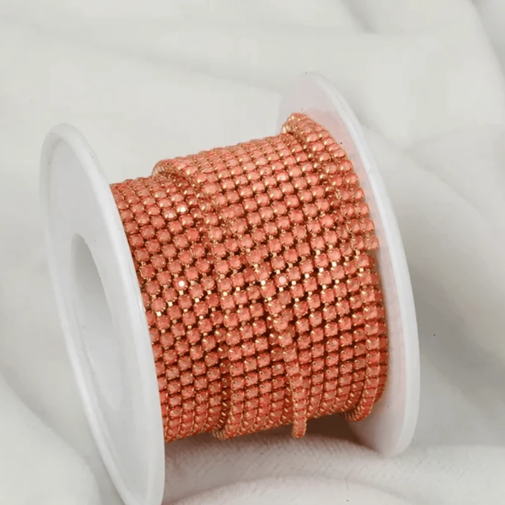 Ss6 Neon Coral Orange Opal Stone on Gold Metal Rhinestone Chain (Sold in 36") SS6 Metal Rhinestone Chain