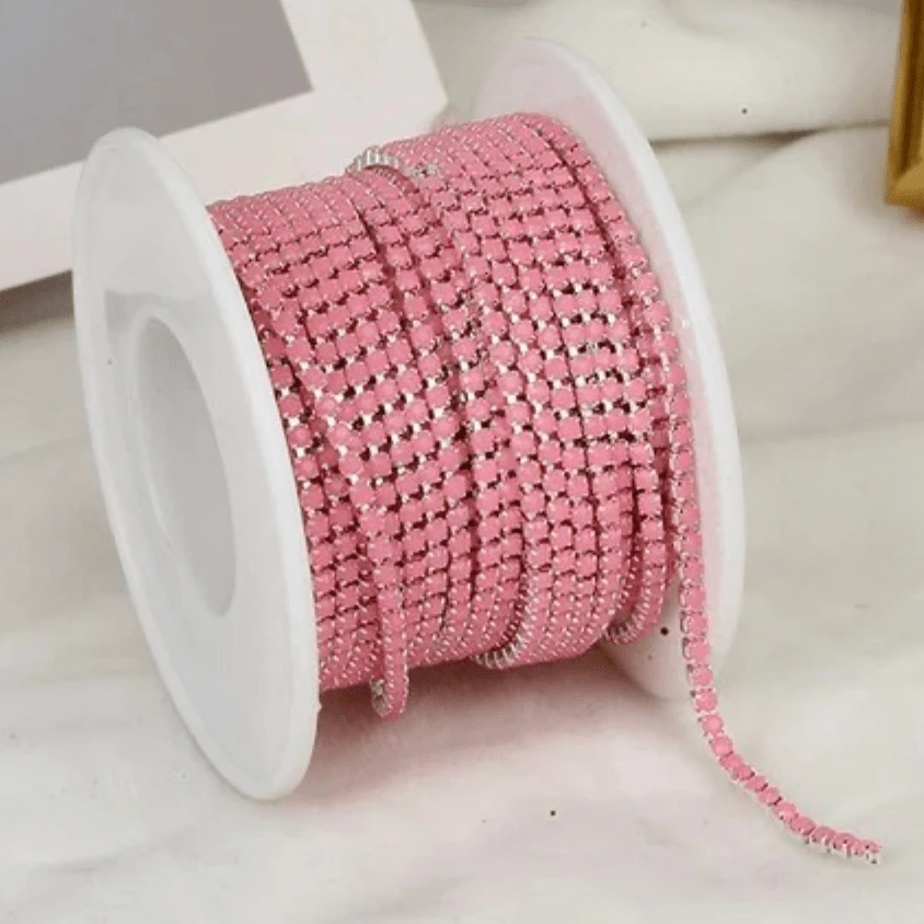 Ss6 Neon LIGHT Pink Acrylic on Silver Rhinestone Metal Rope Chain, Sold in yard SS6 Metal Rhinestone Chain