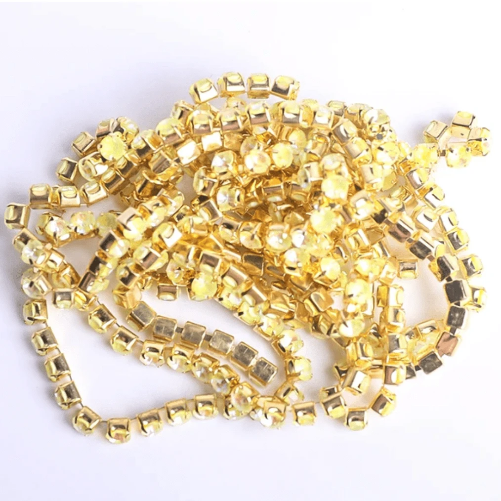 Ss6 Neon Yellow AB Opal Stone on Gold Metal Rhinestone Chain (Sold in 36") SS6 Metal Rhinestone Chain