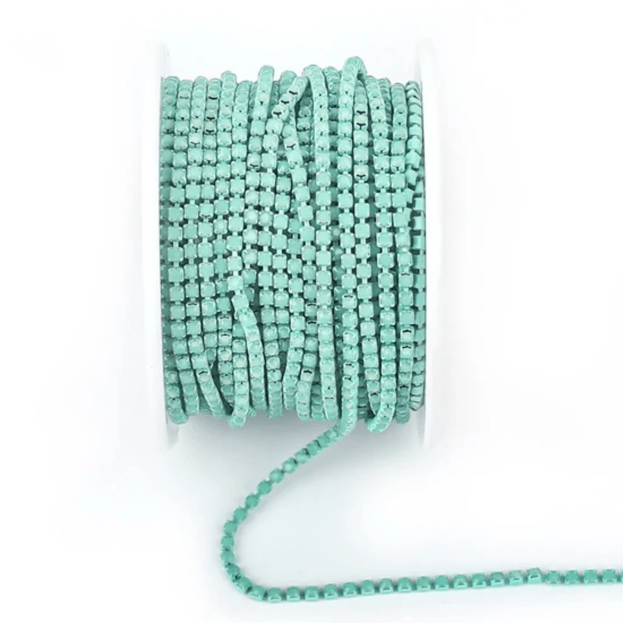 Ss6 Opal Seafoam Green *Mint Stone on Light Green Coloured Metal Rhinestone Chain, SS6 Metal Rhinestone Chain