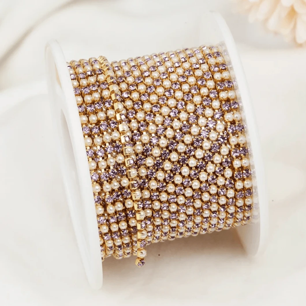 Ss6 Pearl and Violet Purple Stones (Alternating) on Gold Metal Rhinestone Chain (Sold by 36) SS6 Metal Rhinestone Chain