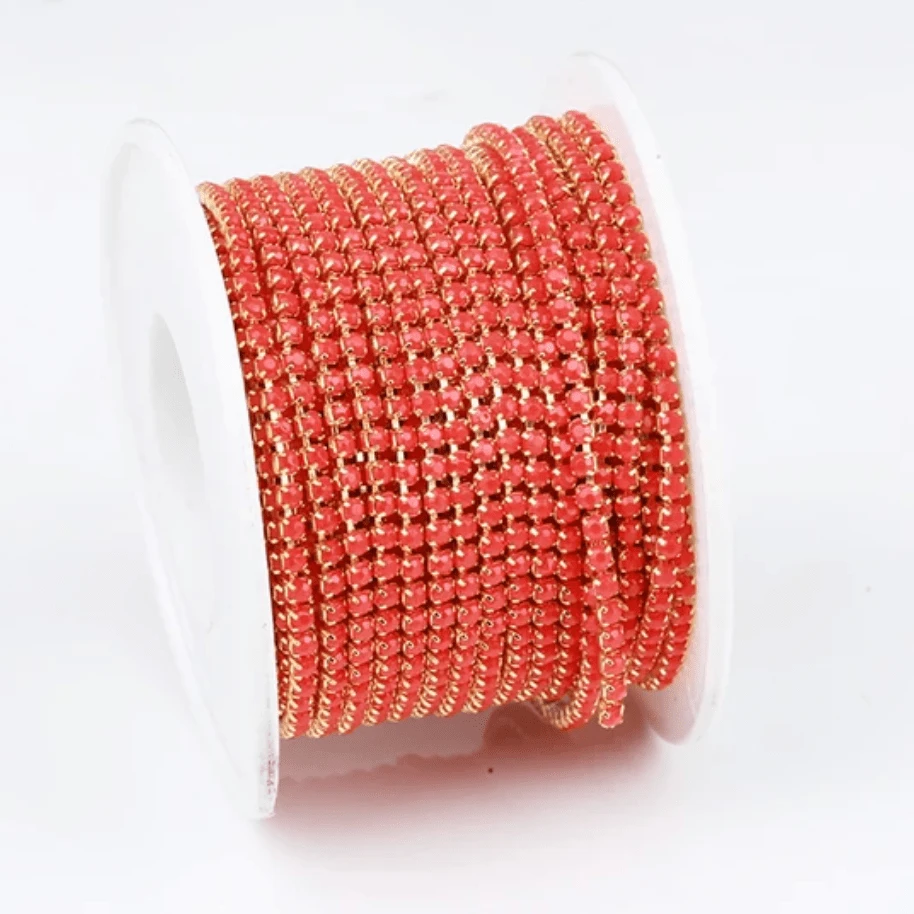 Ss6 Red Vermillion Acrylic, GOLD Metal Rhinestone Chain (Sold in 33") SS6 Metal Rhinestone Chain