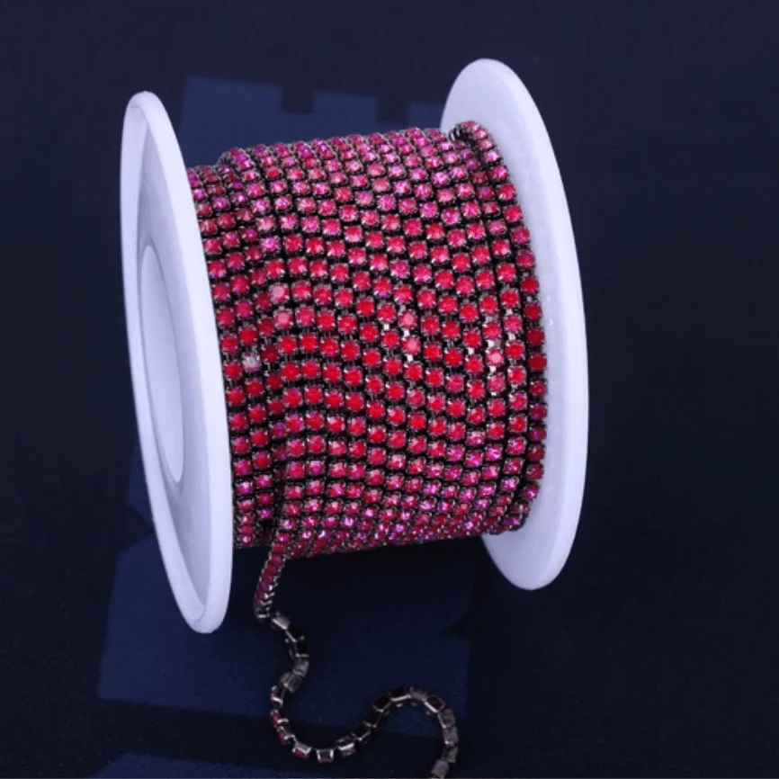 Ss6 Ruby Pink AB Opal stone on Gunmetal Coloured Metal Rhinestone Chain (Sold in 36") SS6 Metal Rhinestone Chain