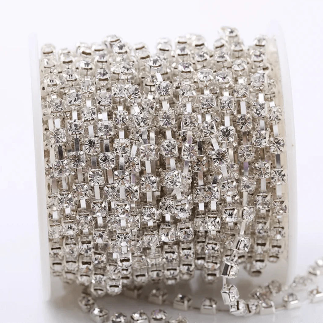 SS6 Silver CLEAR Sparse, Rhinestone Metal Cup Chain, → 10 Yard BULK BUY! Ss6 Metal Rhinestone Chain