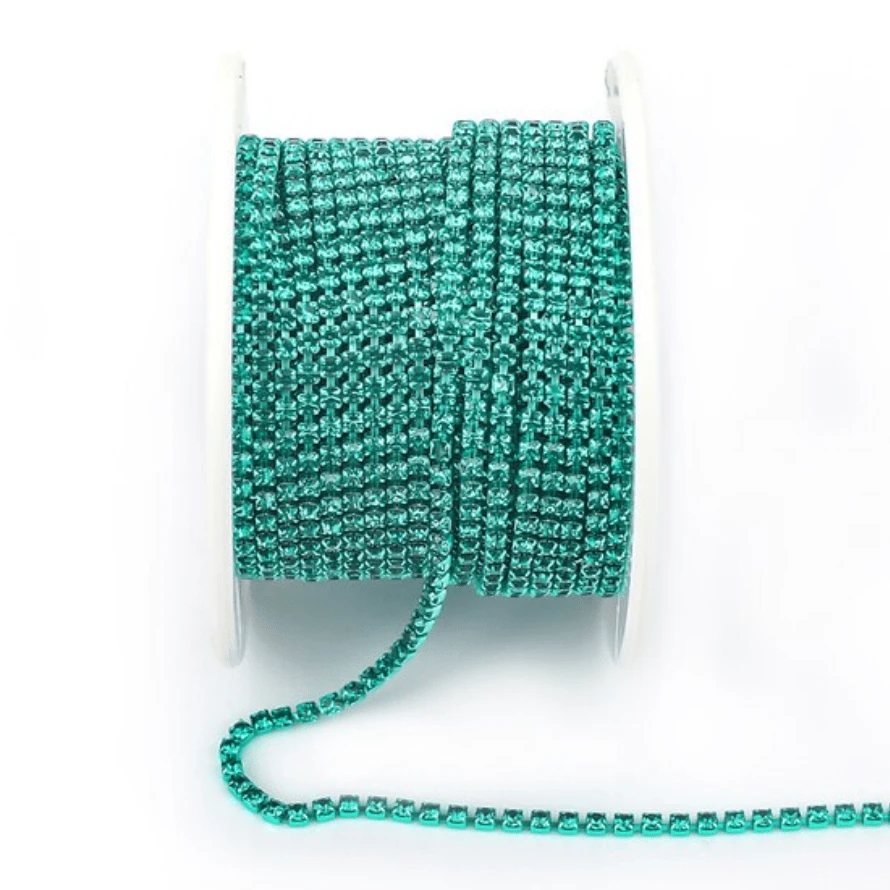 Ss6 Teal Green Stone, on TEAL GREEN Coloured Metal Rhinestone Chain (Sold in 36") SS6 Metal Rhinestone Chain