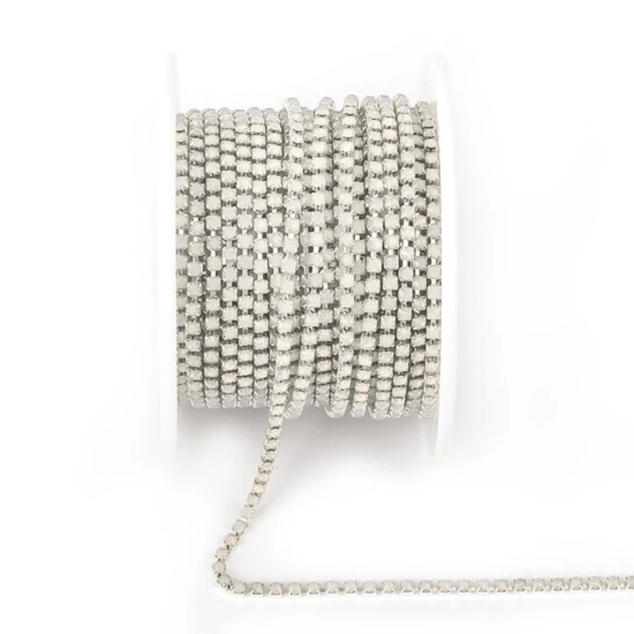 Ss6 White OPAL Stone on Silver Dense Metal Rhinestone Chain (Sold in 36") SS6 Metal Rhinestone Chain