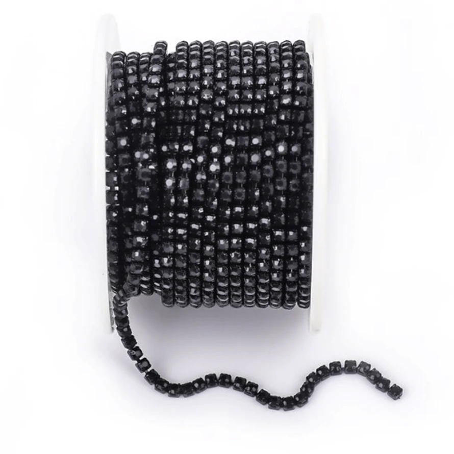 Ss8 Gothic Black Stone, on Darkest BLACK, Coloured Metal Rhinestone Chain (Sold in 36") Ss8 Metal Rhinestone Chain