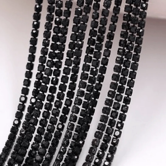 Ss8 Gothic Black Stone, on Darkest BLACK, Coloured Metal Rhinestone Chain (Sold in 36") Ss8 Metal Rhinestone Chain