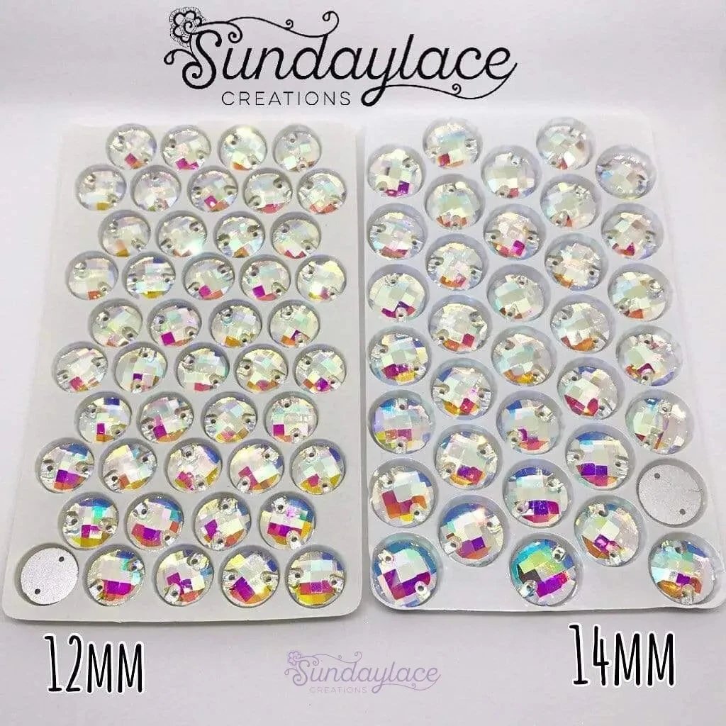 Sundaylace Creations & Bling Glass Gem 10-12-14mm AB Checkered Glass Gem Sew On Flat Back Rivoli
