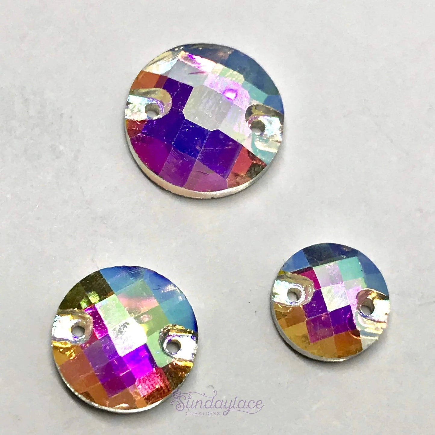 Sundaylace Creations & Bling Glass Gem 10-12-14mm AB Checkered Glass Gem Sew On Flat Back Rivoli