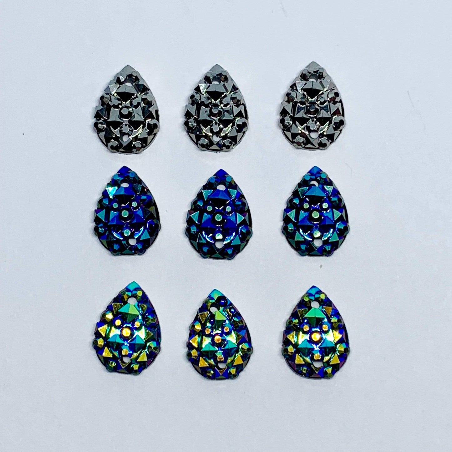 Sundaylace Creations & Bling Resin Gems 10*13mm Black-Blue AB, Gunmetal Grey, & Black-Green AB Crinkle Texture Teardrop, Sew on, Resin Gem