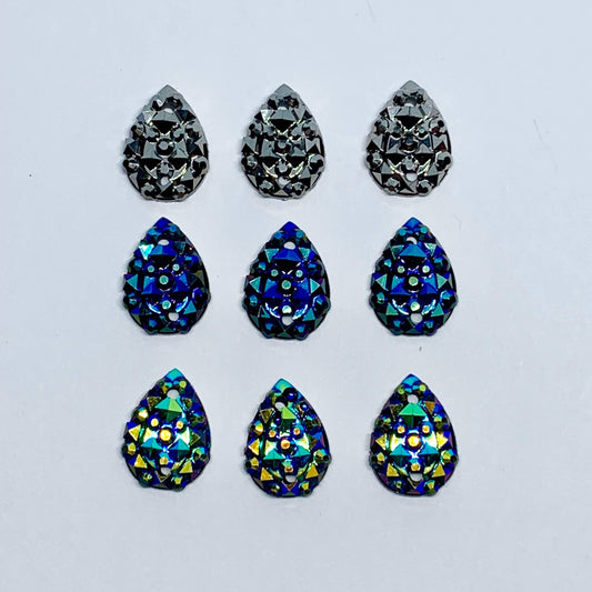 Sundaylace Creations & Bling Resin Gems 10*13mm Black-Blue AB, Gunmetal Grey, & Black-Green AB Crinkle Texture Teardrop, Sew on, Resin Gem