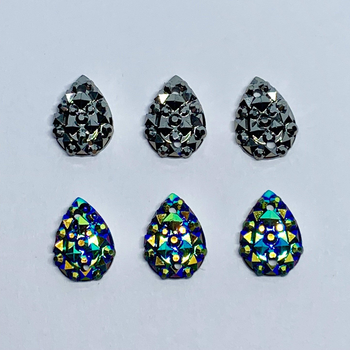 10*13mm, Black-green AB, Black-Blue AB, Gunmetal Grey, & Black-Green AB Crinkle Texture Teardrop, Sew on, Resin Gem, (Sold in Pair)