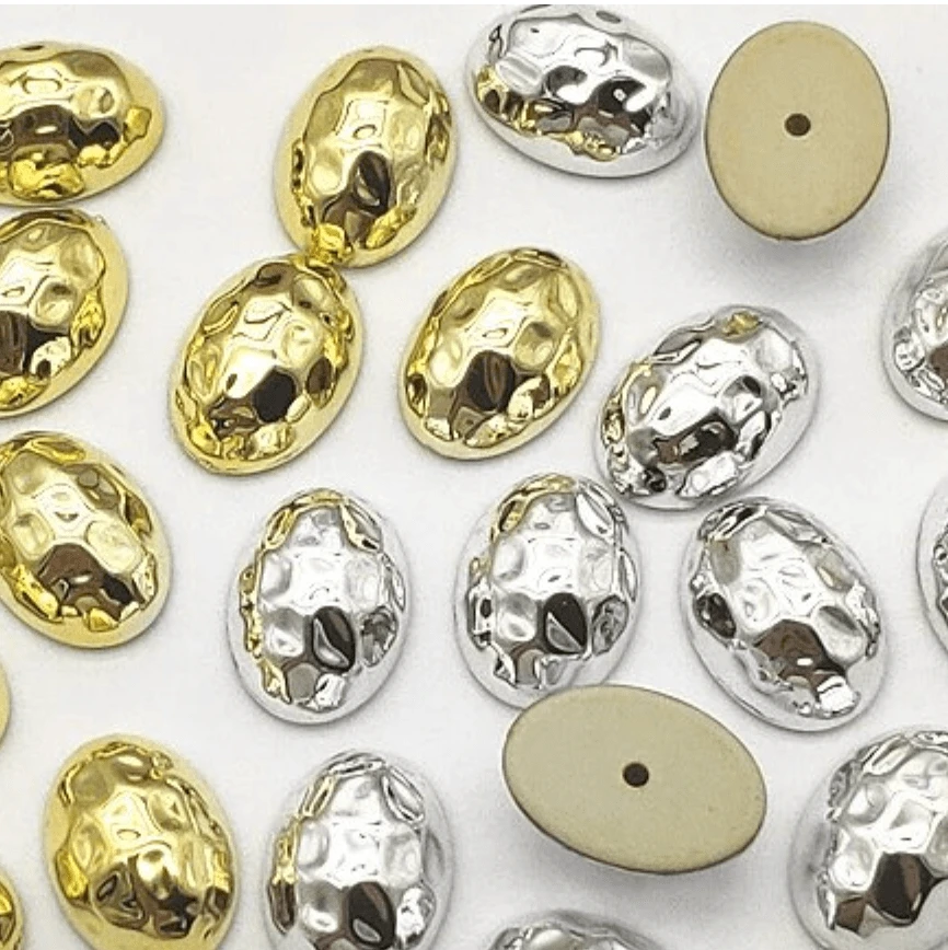 Sundaylace Creations & Bling Resin Gems 10*14mm Metallic Gold/Silver Tumbled Texture Oval, Glue on, Resin Gems (Sold in Pair)