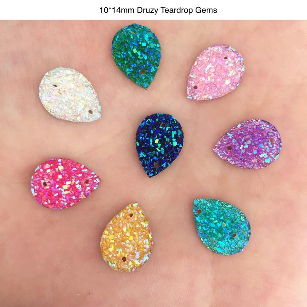10*14mm, Crystal AB, Mixed Druzy Teardrop in Multiple Colours, Glue on, Resin Gem, (Sold in Pair)