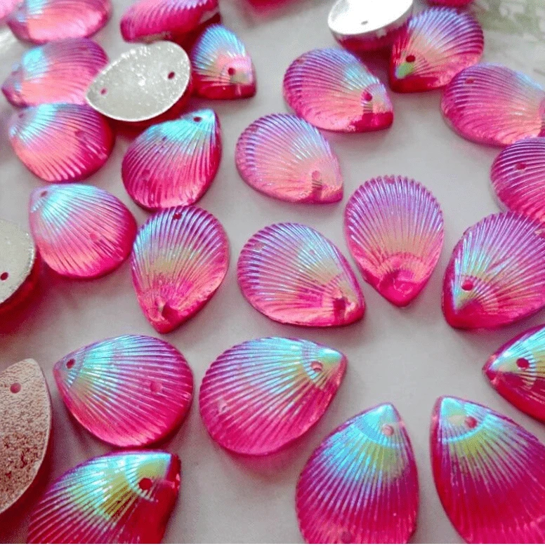 Sundaylace Creations & Bling Resin Gems 10*14mm Pink Shell Teardrop, Sew on, Resin Gems (Sold in Pair)