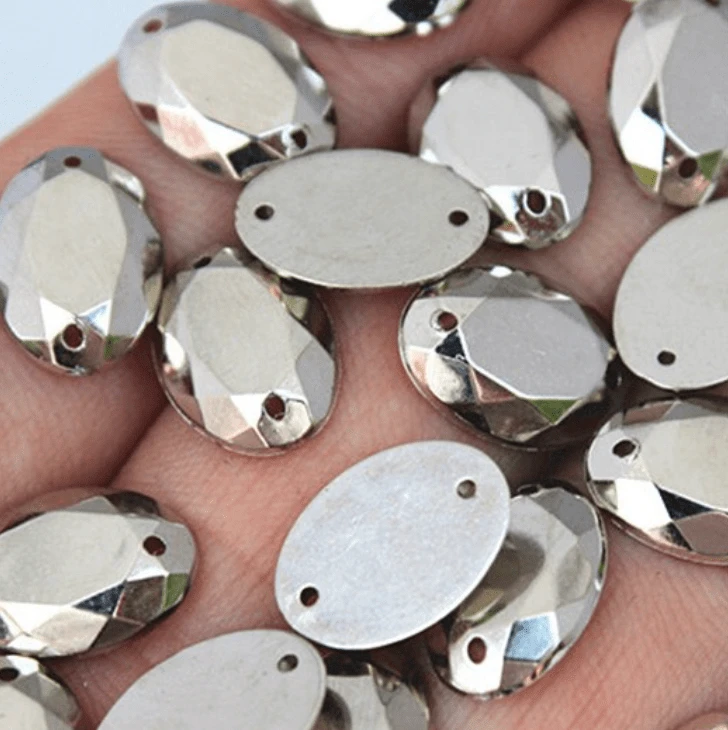 Sundaylace Creations & Bling Resin Gems 10*14mm Silver Flat top Metallic OVAL, Sew on, Resin Gems (Sold in Pair)