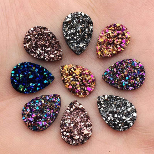 Sundaylace Creations & Bling Resin Gems Gunmetal Silver Druzy 10*14mm Teardrop Faux Druzy in Multiple Colours, Glue on, Resin Gem