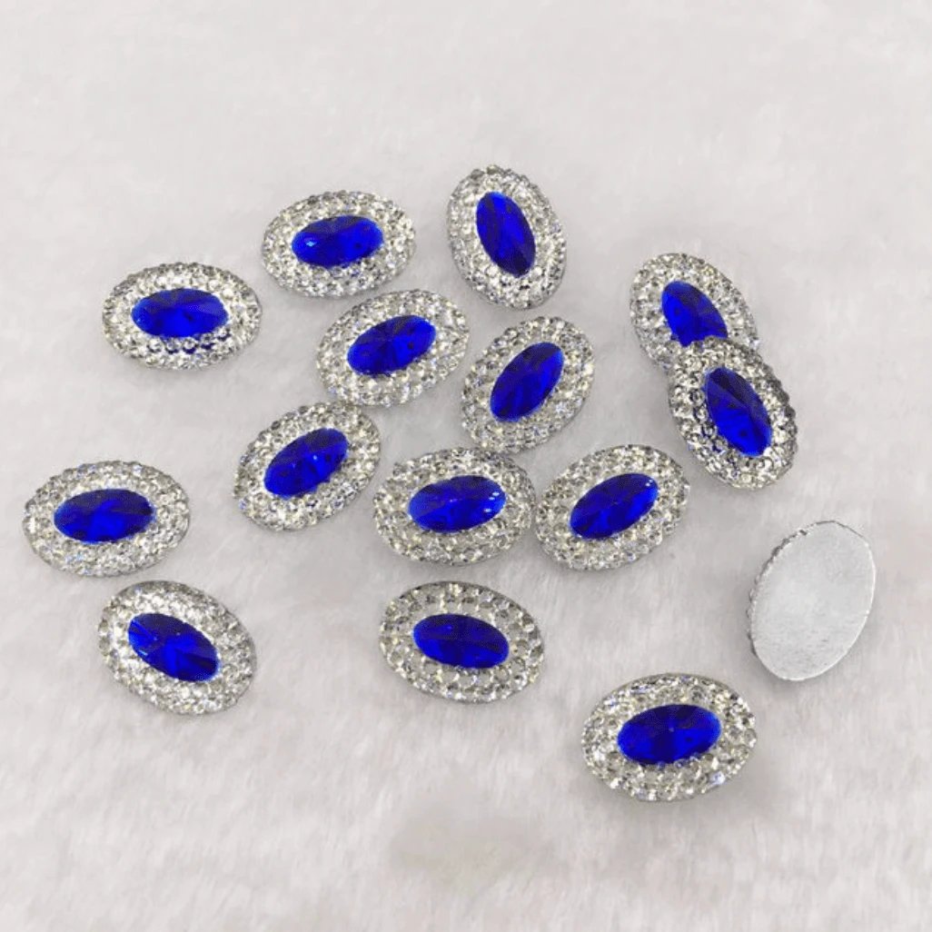 10*18mm, Cobalt Blue Jewel Oval, Mixed Colour with Jewel Silver Frame Oval, Sew On, Resin Gem, (Sold in Pair)