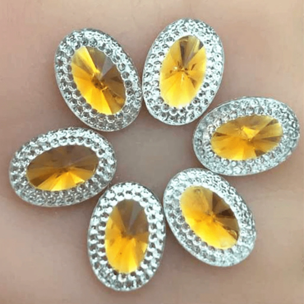 10*18mm, Yellow Jewel Oval, Mixed Colour with Jewel Silver Frame Oval, Sew On, Resin Gem, (Sold in Pair)