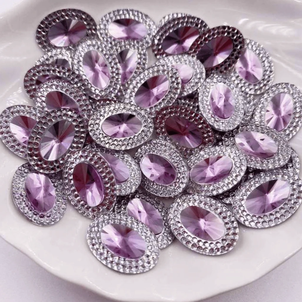 10*18mm, Light Purple Jewel Oval, Mixed Colour with Jewel Silver Frame Oval, Sew On, Resin Gem, (Sold in Pair)