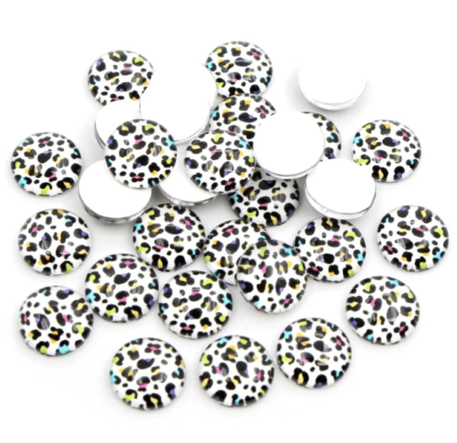 10mm, Black & White With Colourful Spots Cheetah, Cheetah Colourful Animal Acrylic Printed Gem, Glue on, Resin Gems, Resin Gem, (Sold in Pair)