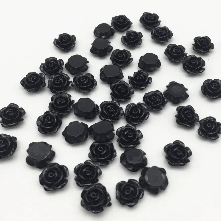 10mm, Black, Colourful Mini Rose Flower, Glue on, Resin Gem, (Sold in Pair)