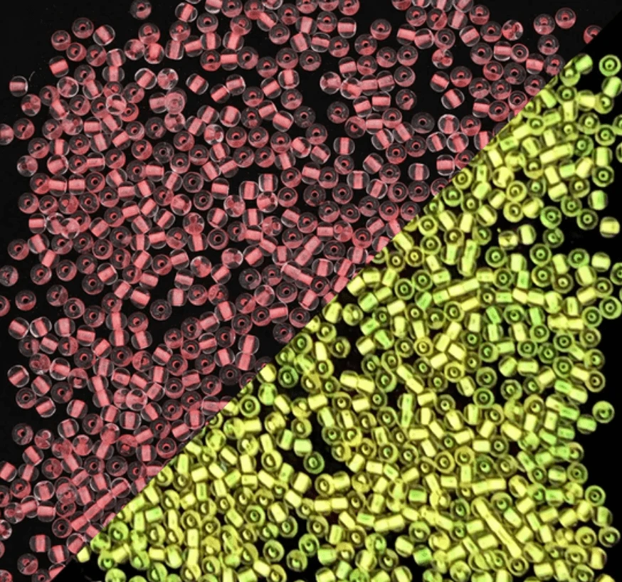 11/0 Japanese Seedbeads, GLOW IN DARK - Orange Neon Lined to Yellow GLOW 5.2g 11/0 TOHO Seed Beads