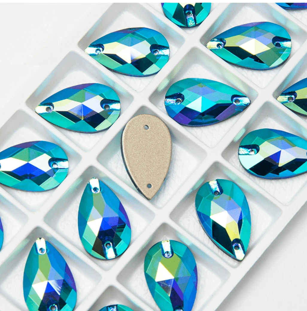 11*18mm Capri Blue AB Teardrop High Quality, Sew on, Fancy Glass Gem (Sold in Pair) Glass Gems