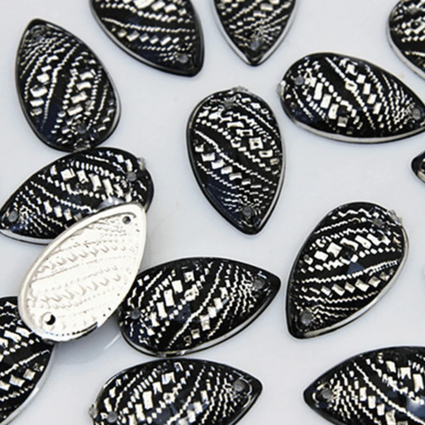 11*18mm, Black & Silver, Metallic Metal Textured Pattern Teardrop, Sew on, Resin Gem, (Sold in Pair)