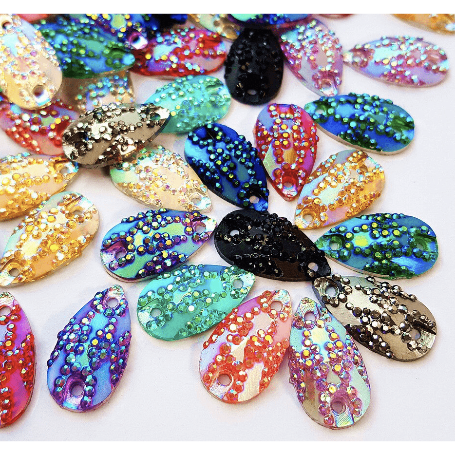11*18mm, Dark Pink AB, Mixed Sparkly Zigzag Texture Teardrops, Sew on, Resin Gems, Resin Gem, (Sold in Pair)