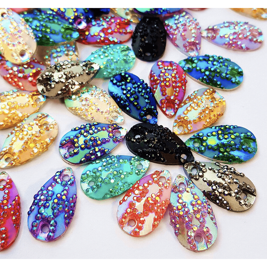 11*18mm Dark Pink AB Mixed Sparkly Zigzag Texture Teardrops, Sew On, Resin Gem, (Sold in Pair)