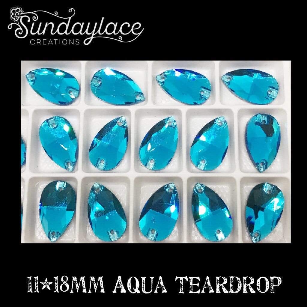 Sundaylace Creations & Bling Glass Gem 11*18mm 11*18mm or 13*22mm Aqua Teardrop, Sew on, Glass gem