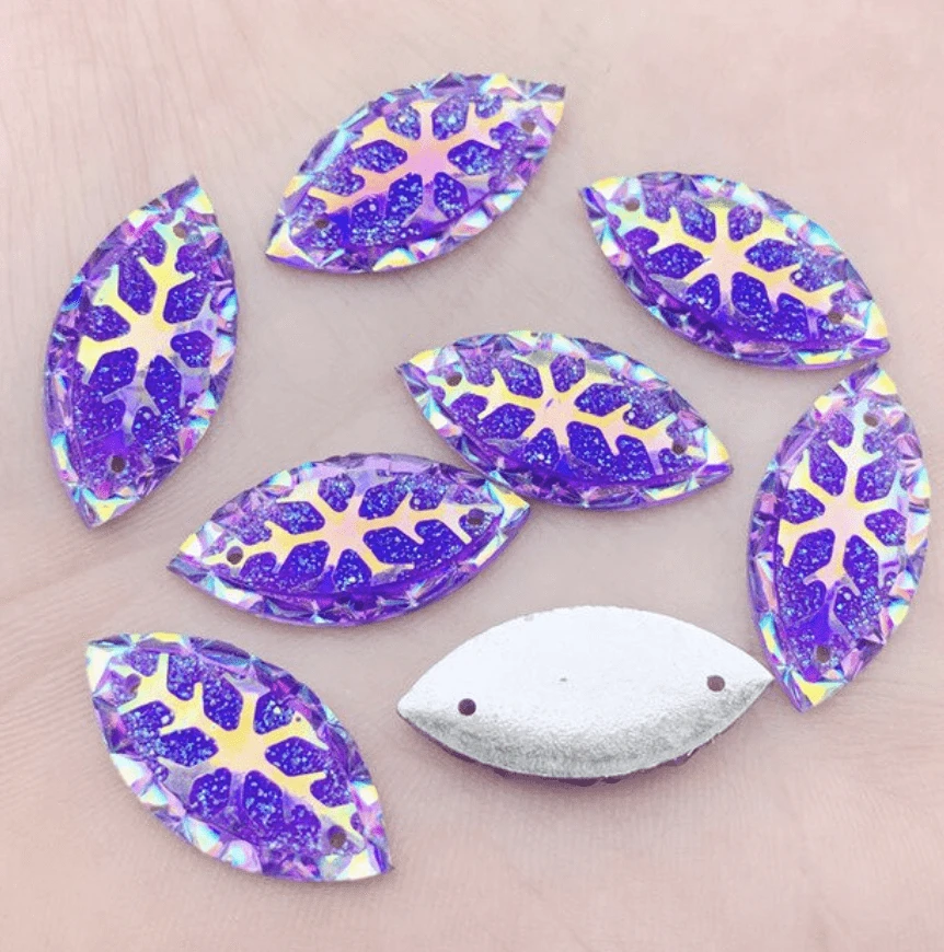 11*24mm, Purple AB, Snowflake AB, Navette, Sew on, Resin Gem, (Sold in Pair)