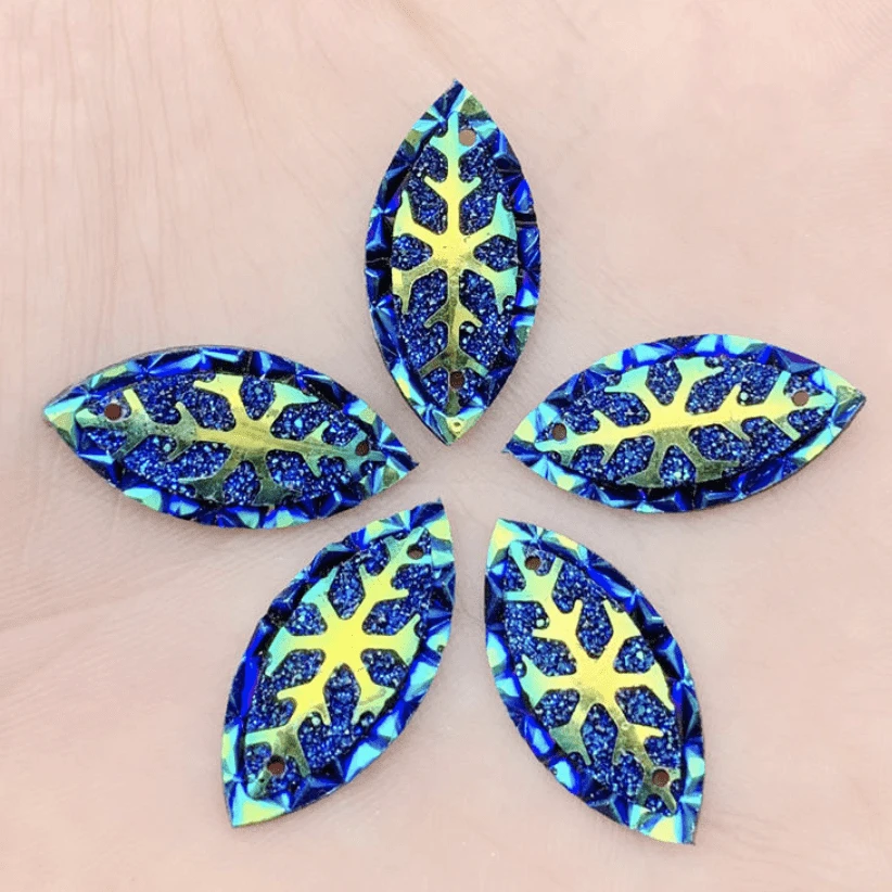 Sundaylace Creations & Bling Resin Gems Blue Black AB 11*24mm Snowflake AB, Navette, Sew on, Resin Gem