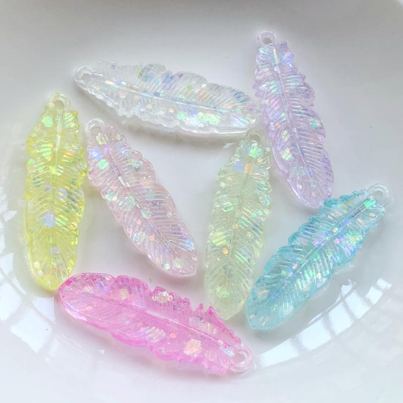 Sundaylace Creations & Bling Resin Gems 11*31mm Feather in White AB & White/Dark Green Tip, One hole Sew on, Resin Gems