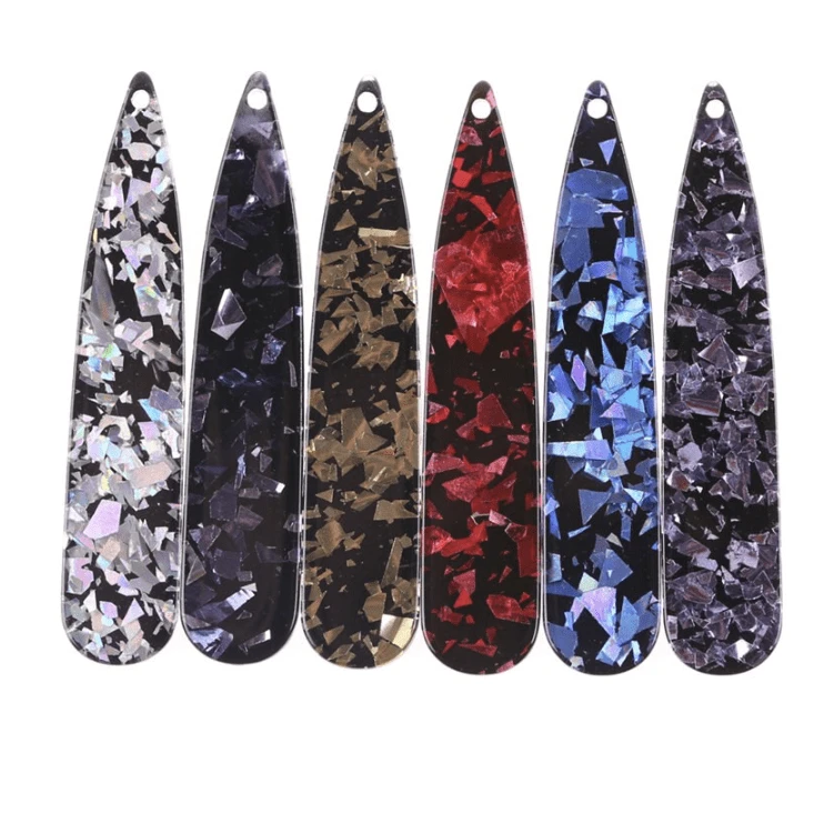 11*55mm, White AB Holographic Glitter Flakes, Glitter Flakes on Black Long Teardrop, Large Gem, One hole Sew on, Acrylic, Resin Gem, (Sold in Pair)