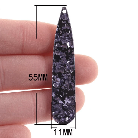 Sundaylace Creations & Bling Resin Gems 11*55mm Glitter Flakes on Black Long Teardrop, Large Gem, One hole Sew on, Acrylic Resin Gem