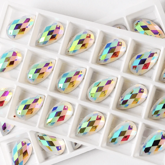 Sundaylace Creations & Bling Fancy Glass Gems 12*22mm Frosted matte diamond AB pattern, on teardrop, sew on, Fancy Glass Gem