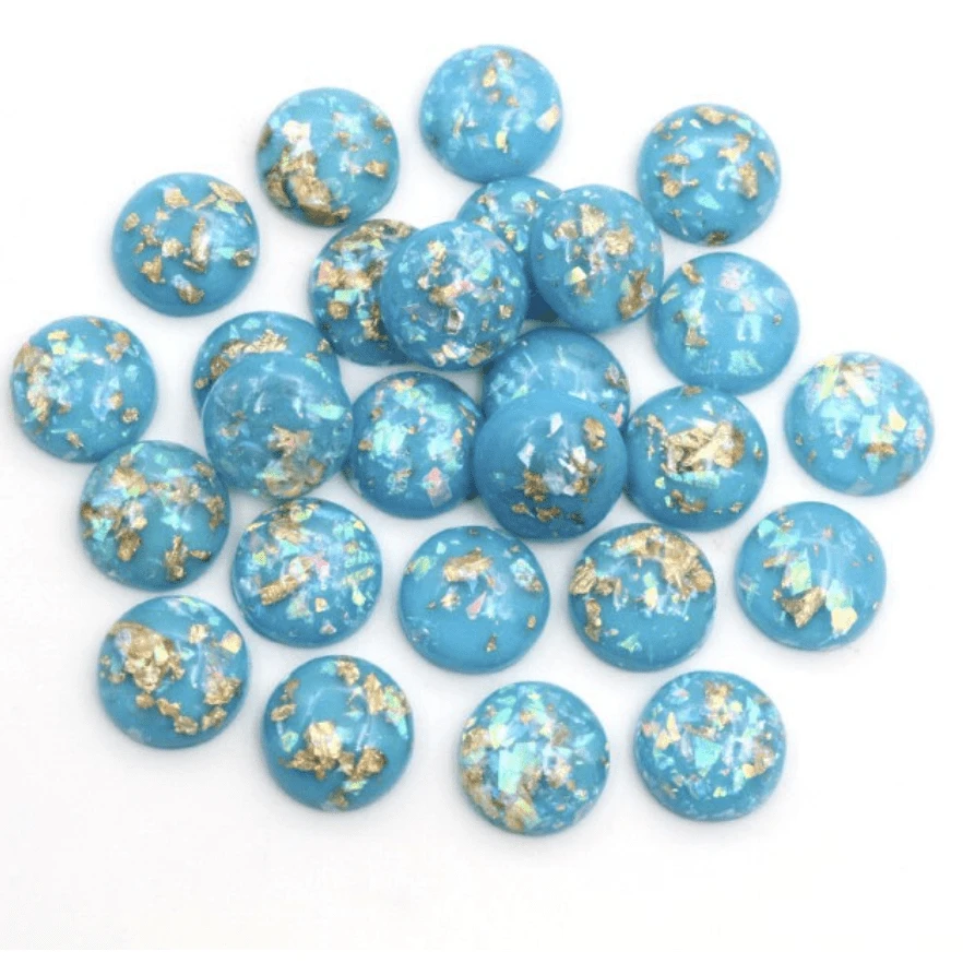 Sundaylace Creations & Bling Resin Gems 12mm & 10mm Capri Blue with Gold/AB Built-in Foil, Round Dome, Glue-on, Resin Gem