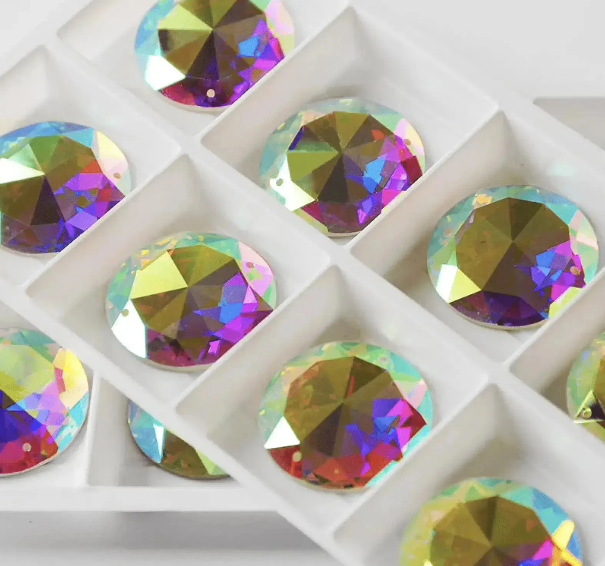 Sundaylace Creations & Bling Fancy Glass Gems 14mm, 16mm, & 20mm AB 10-point Sunbeam Flat Top Rivoli, Grade AAAAA High Quality, Sew on, Fancy Glass Gem