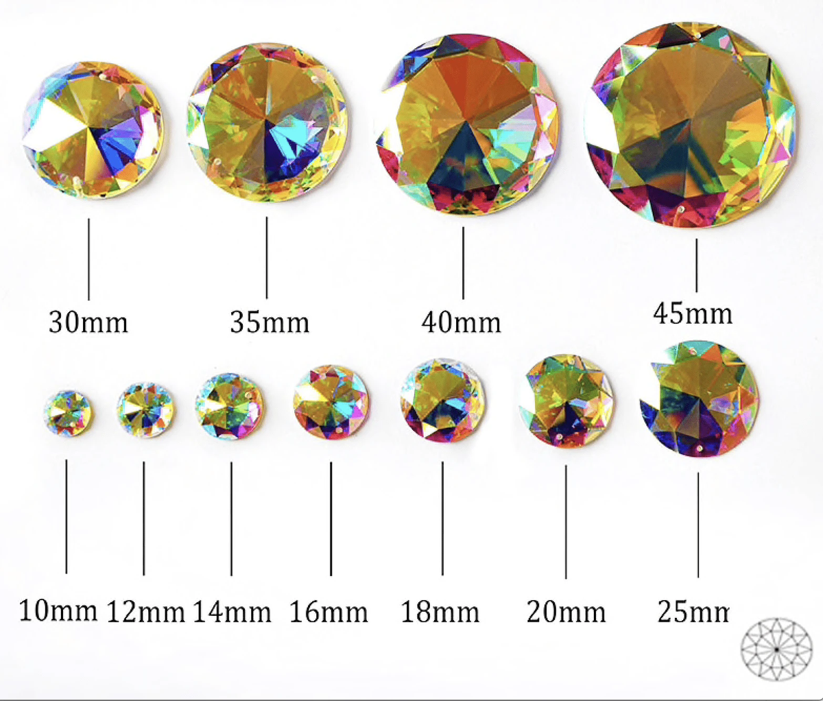 Sundaylace Creations & Bling Fancy Glass Gems 14mm 14mm, 16mm, & 20mm AB 10-point Sunbeam Flat Top Rivoli, Grade AAAAA High Quality, Sew on, Fancy Glass Gem