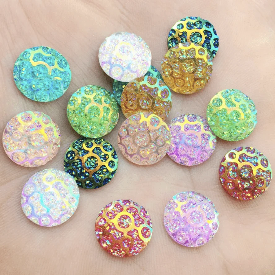 Sundaylace Creations & Bling Resin Gems 12mm AB mix Round Droplet Texture, Glue on, Resin Gems