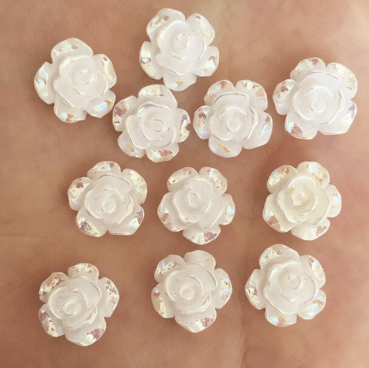 Sundaylace Creations & Bling Resin Gems White AB Roses 12mm AB Roses, Black, White and Purple, Glue on, Resin Gem