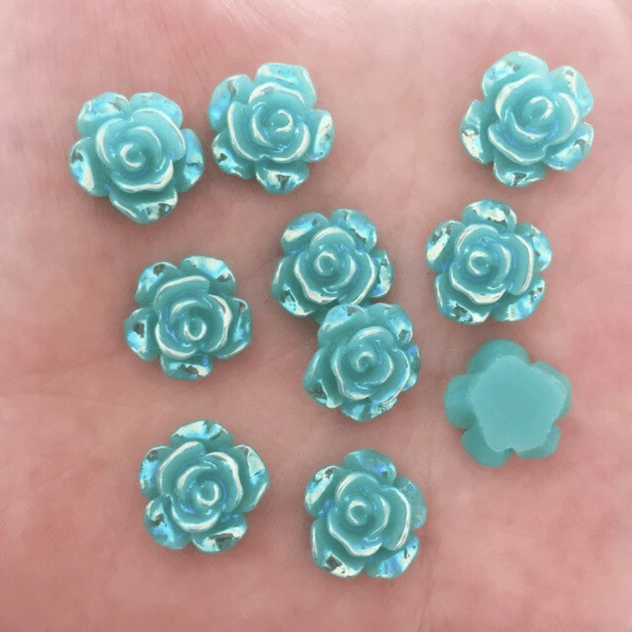 12mm, Teal AB, AB Roses, Black, White and Purple, Glue on, Resin Gem, (Sold in Pair)