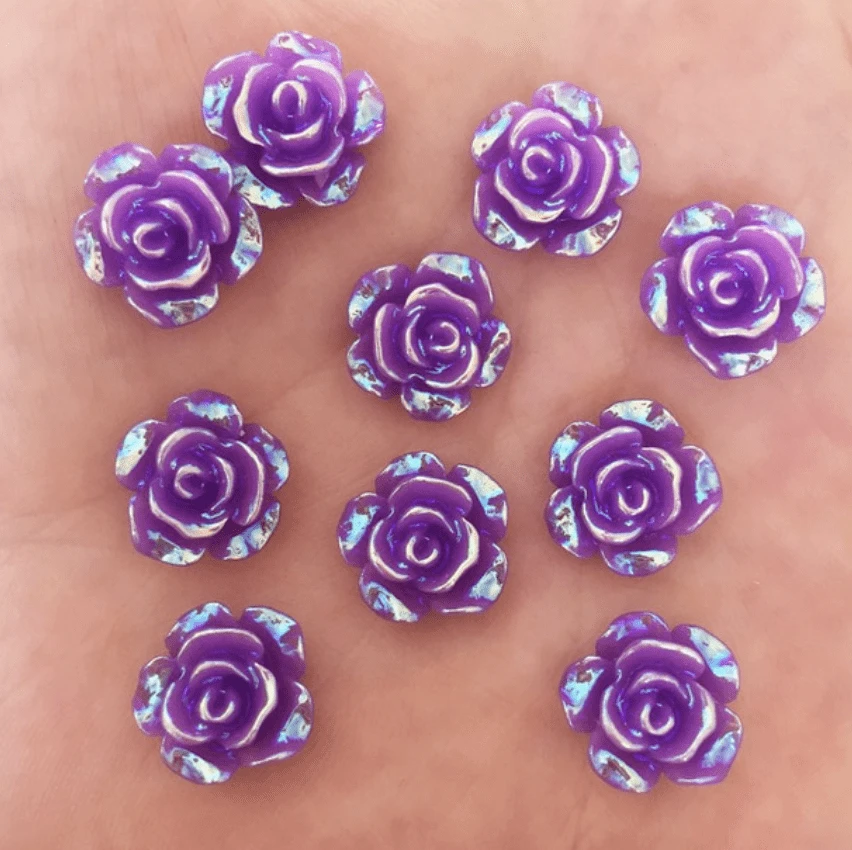 12mm, AB Purple Roses, AB Roses, Black, White and Purple, Glue on, Resin Gem, (Sold in Pair)